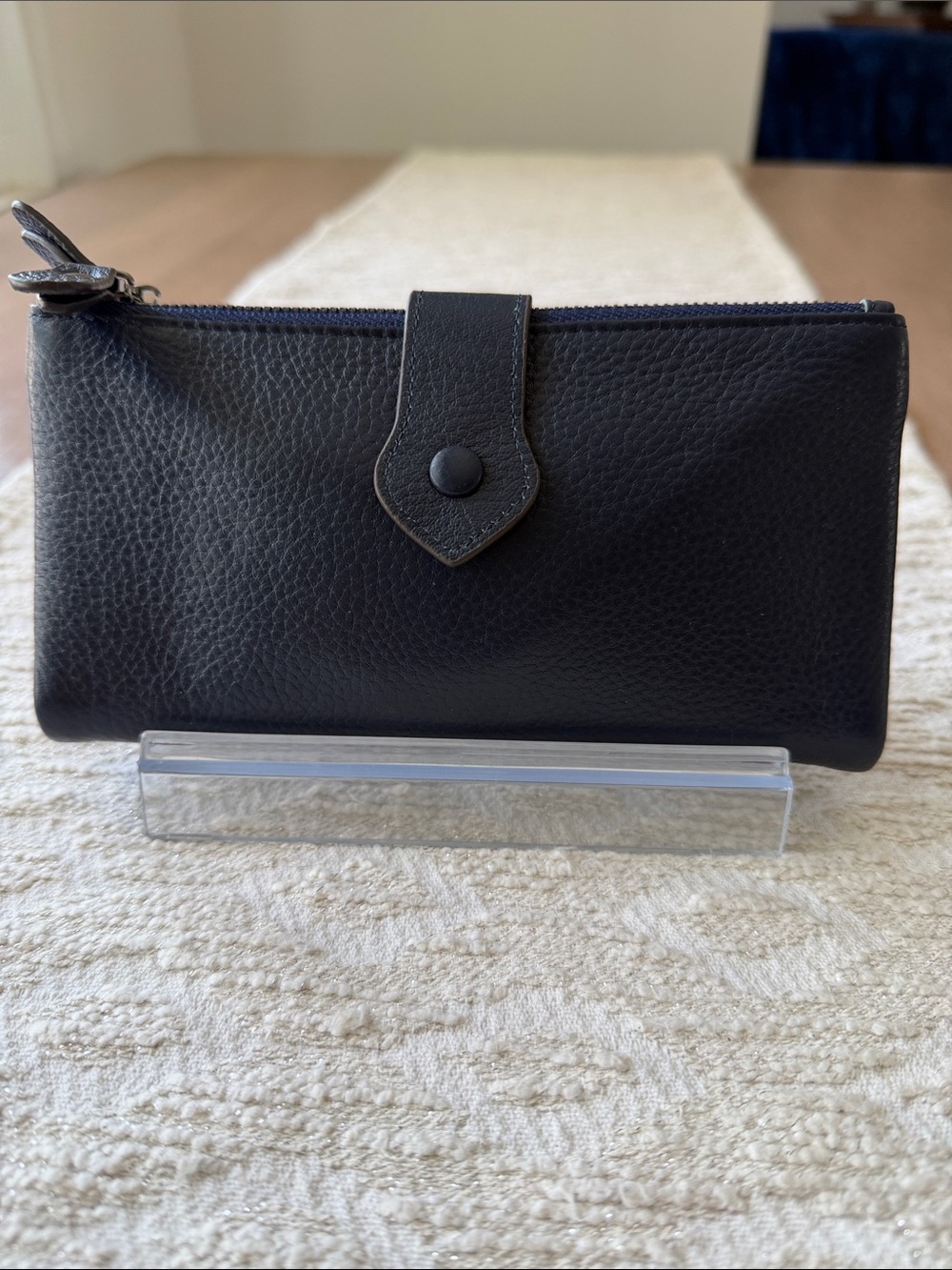 Bveyzi EC Soft Pebble Leather Zip Bifold Wallet in Deep Navy with RFID Blocking